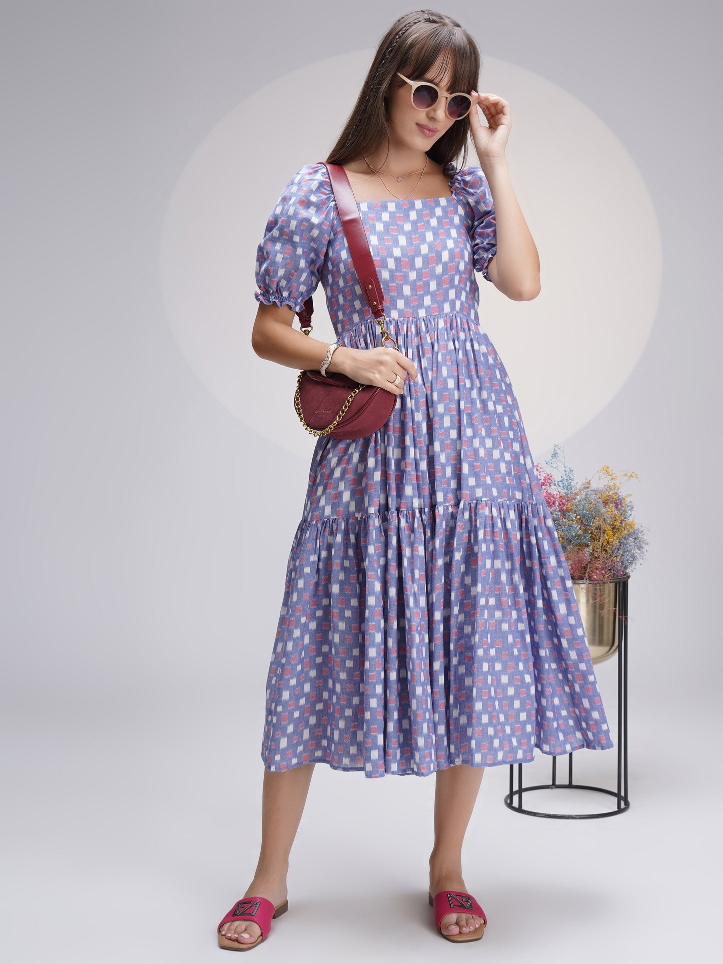 Mercerized Ikat Midi Dress in Lovely Blue Checks