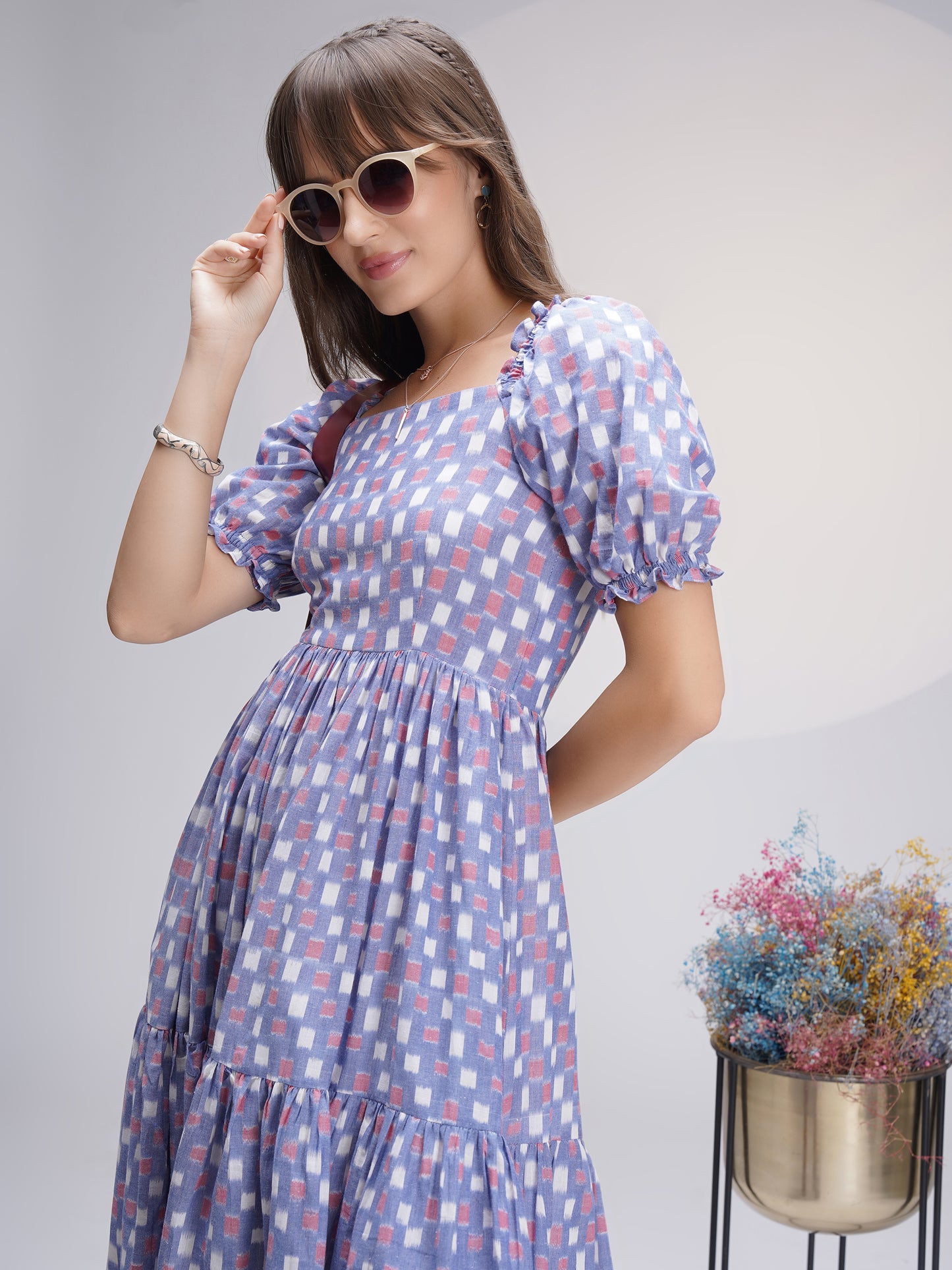 Mercerized Ikat Midi Dress in Lovely Blue Checks