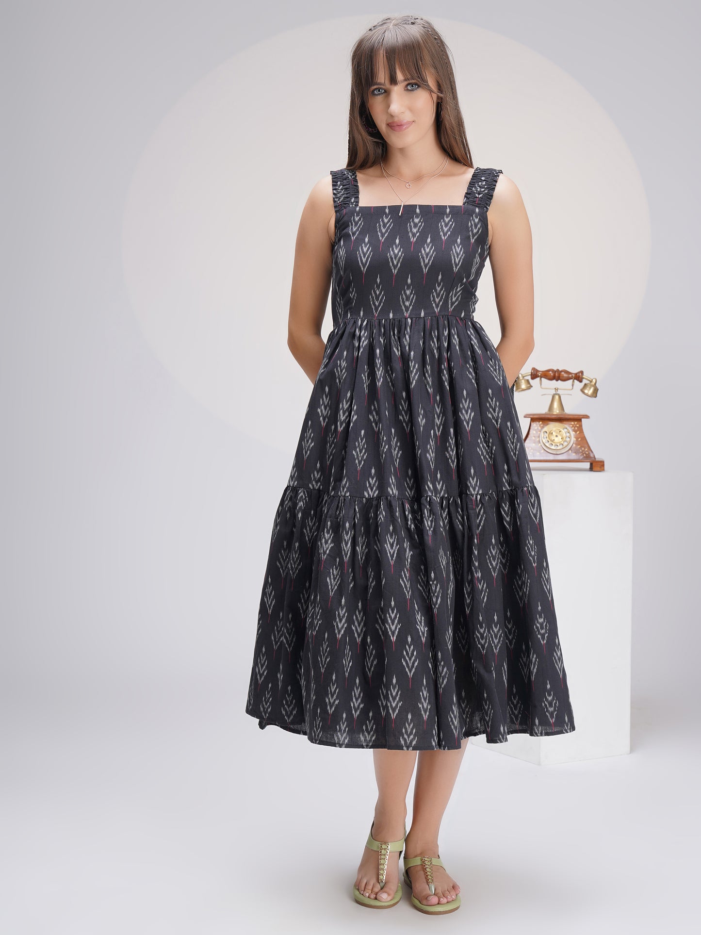 Casual Chic Sleeveless Ikat Cotton Midi Dress