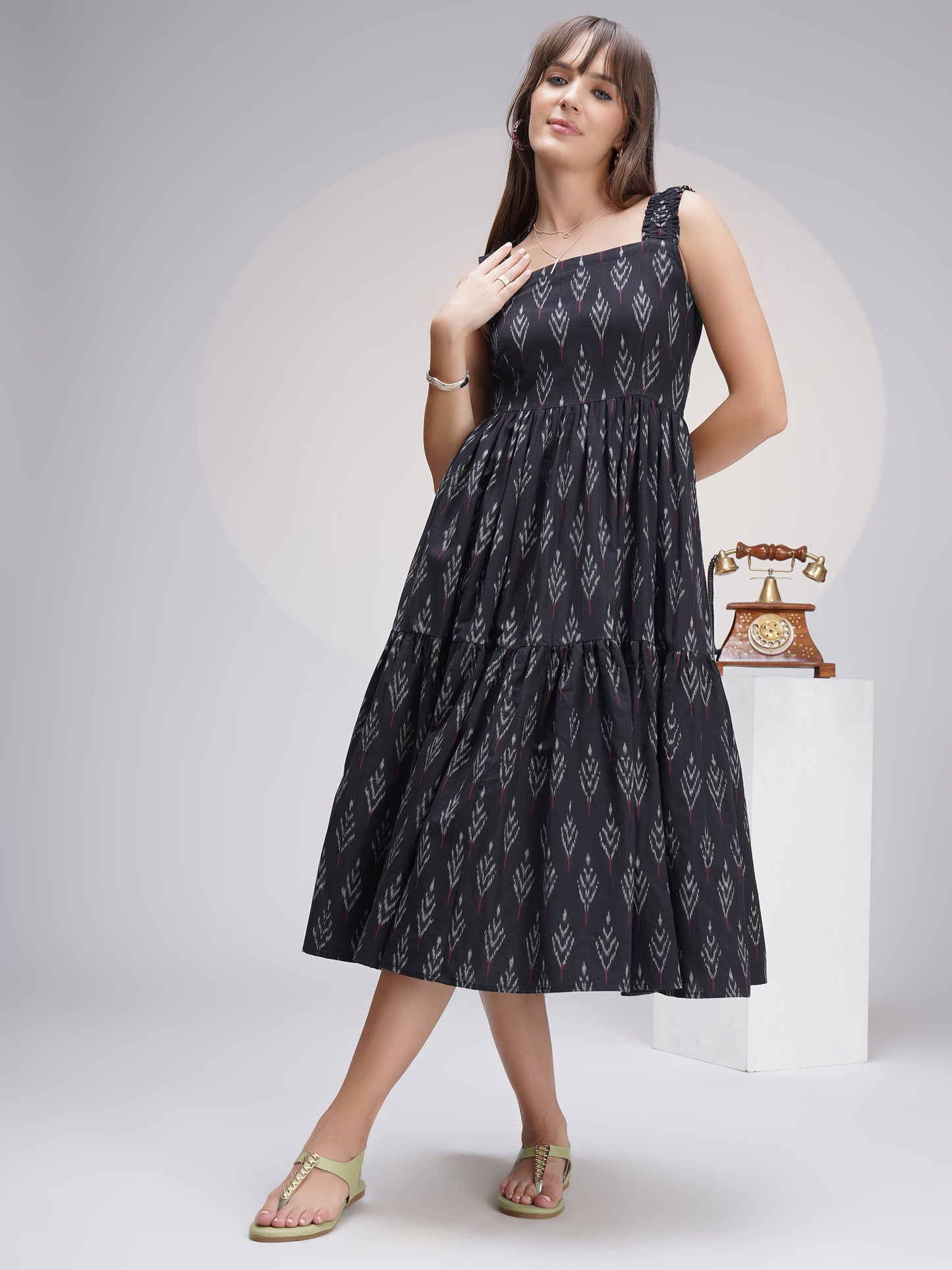 Casual Chic Sleeveless Ikat Cotton Midi Dress