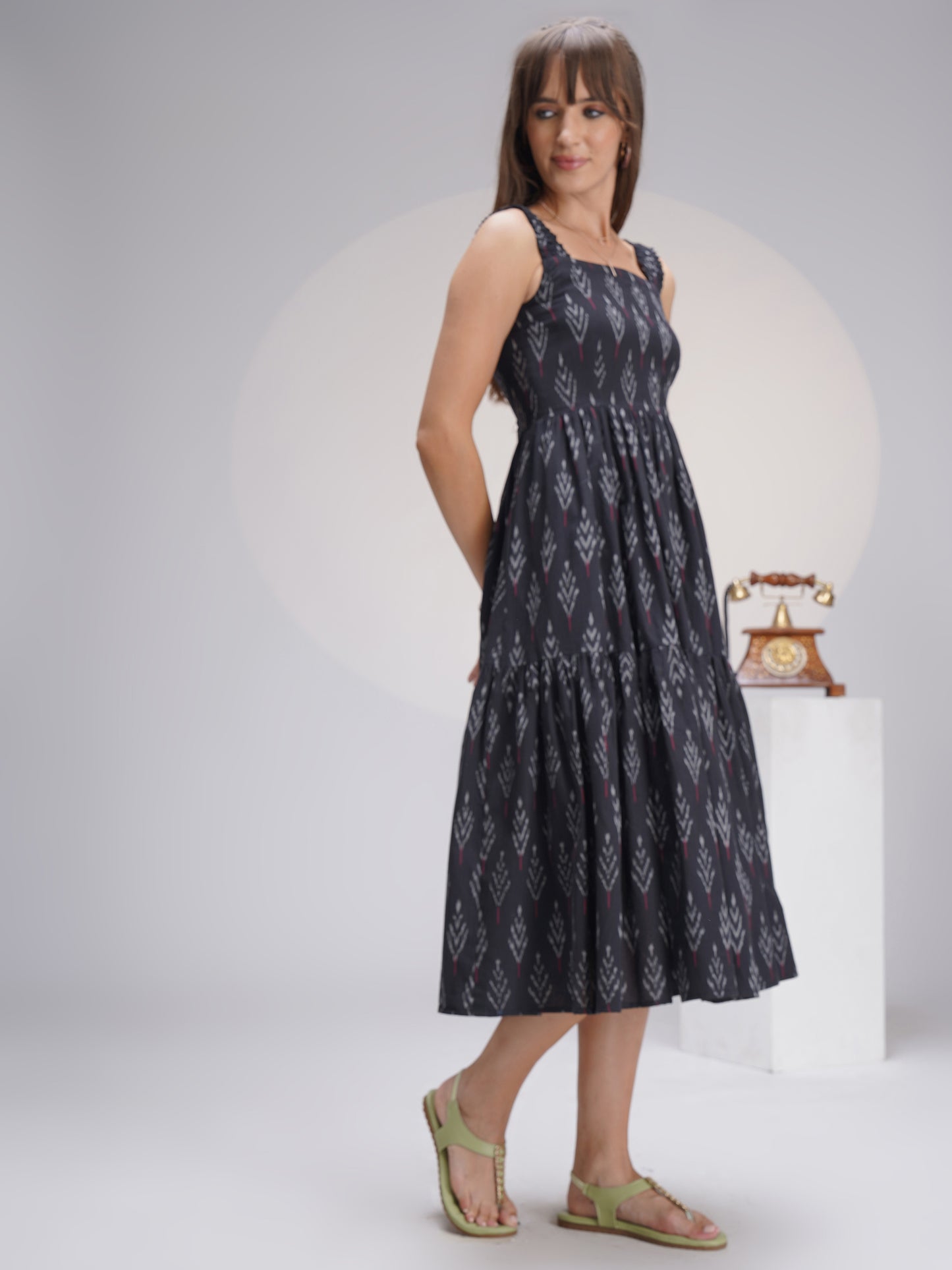 Casual Chic Sleeveless Ikat Cotton Midi Dress