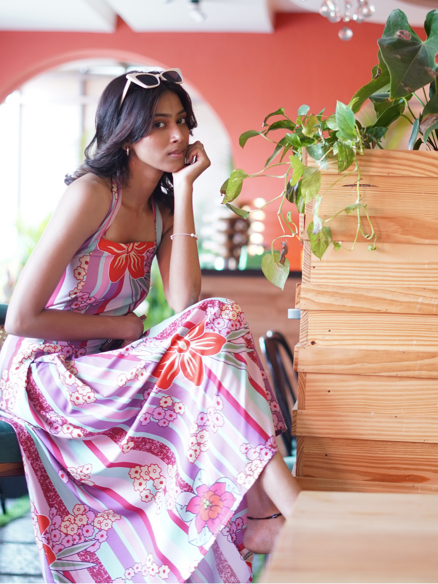 Stripes & Floral Halter Neck Dress