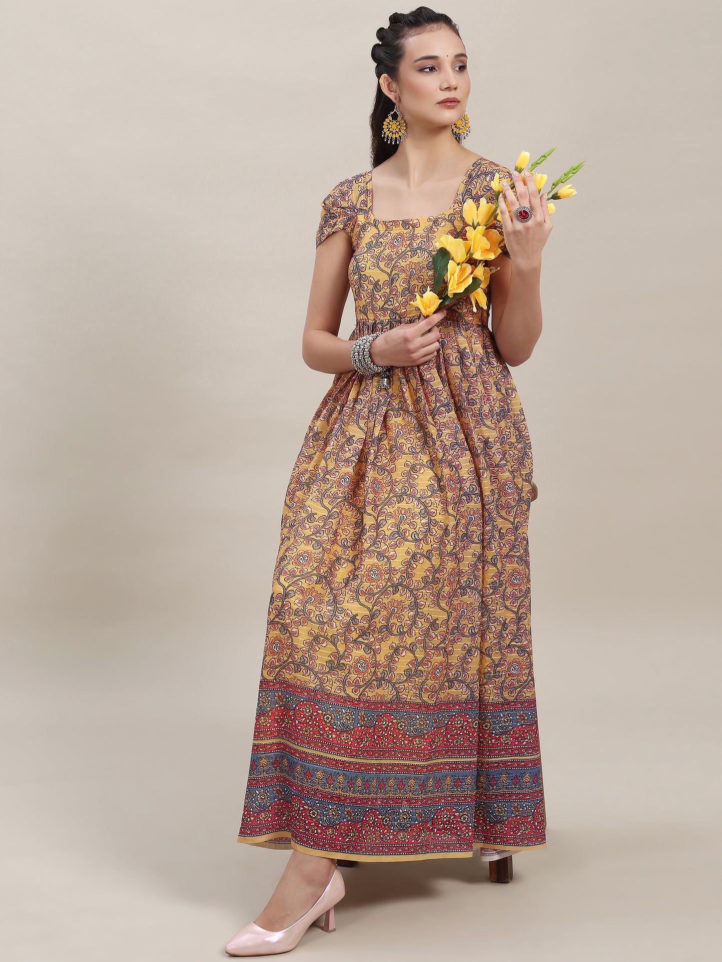 Pleated Sleeve Georgette Kurti - Yellow