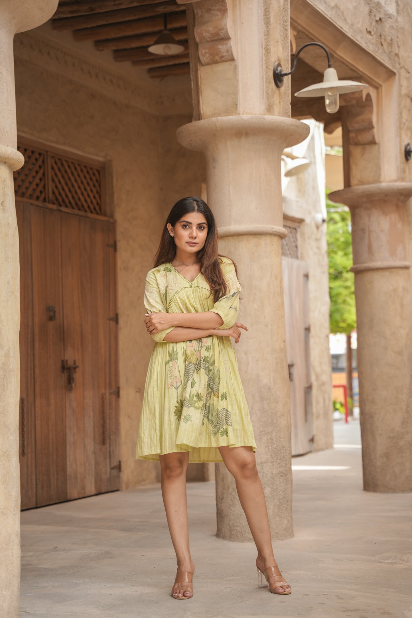 Embroidered Green Cotton Short Dress