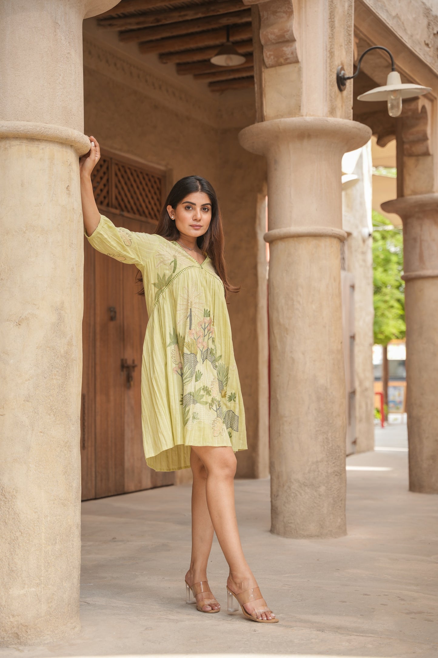 Embroidered Green Cotton Short Dress