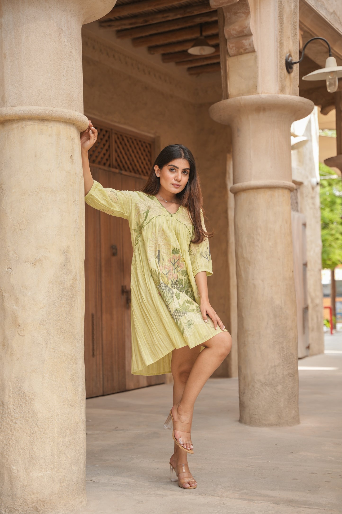 Embroidered Green Cotton Short Dress