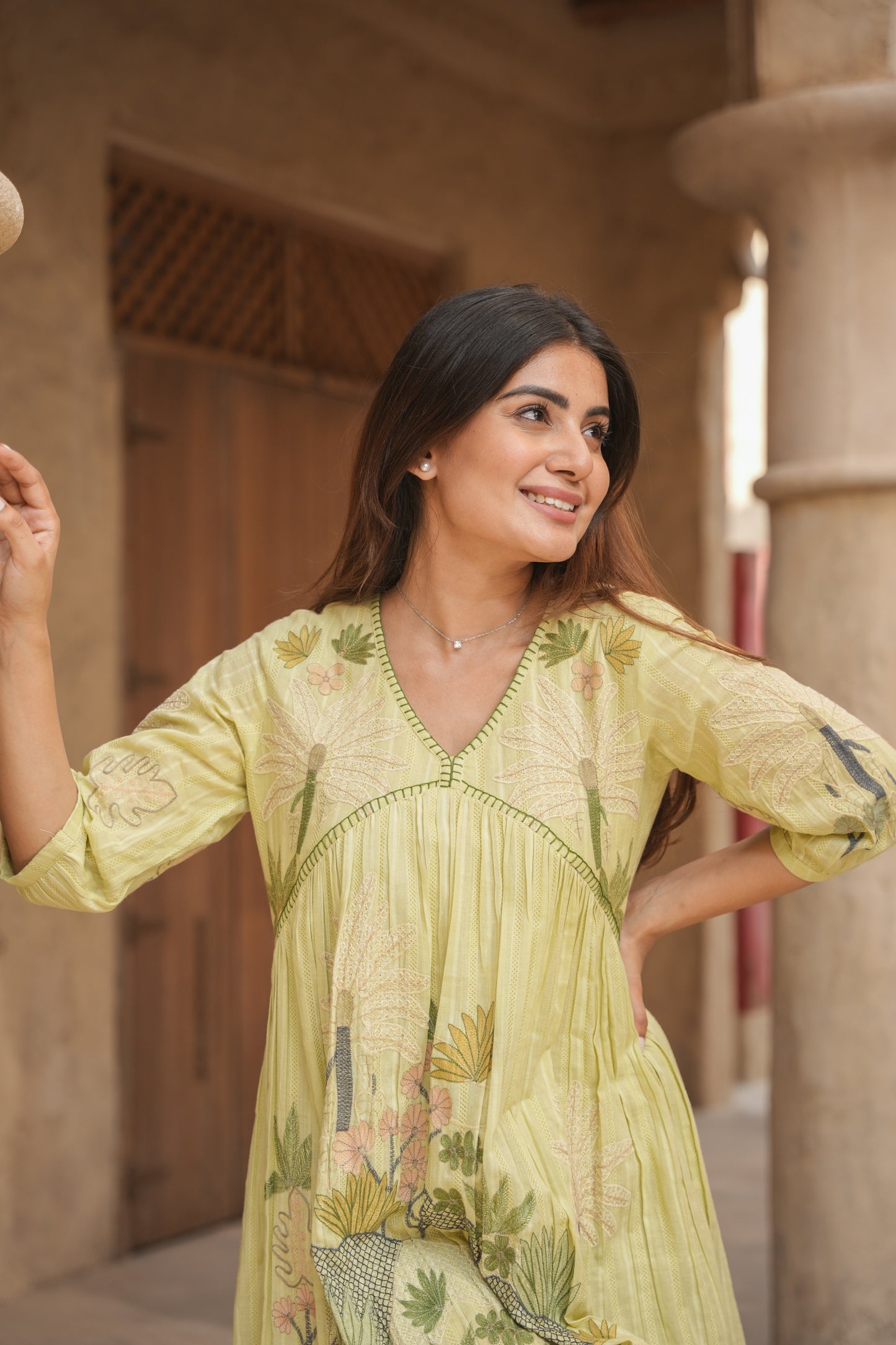 Embroidered Green Cotton Short Dress