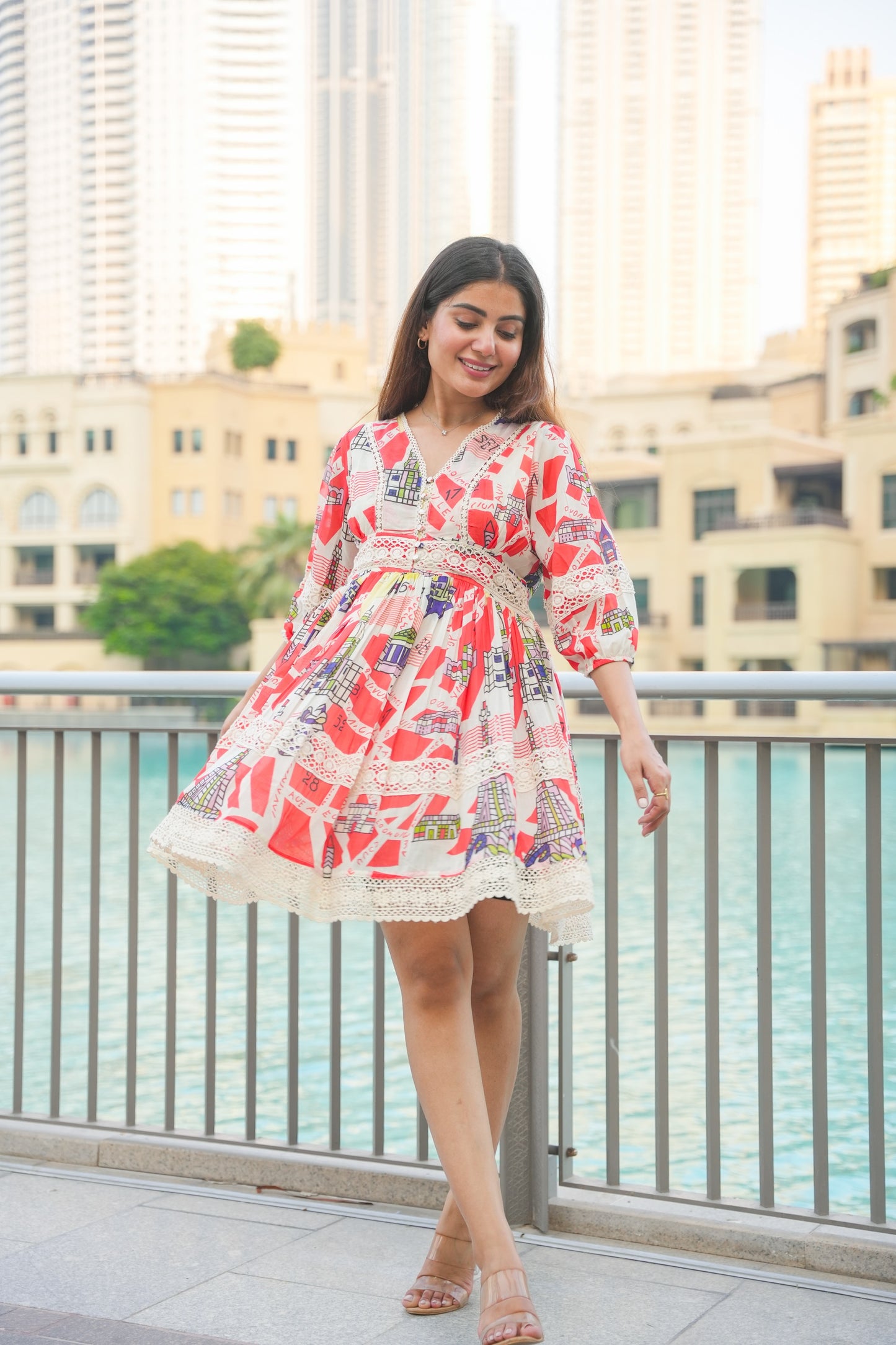 French-Inspired Cotton Knee-Length Dress with Lace Detail