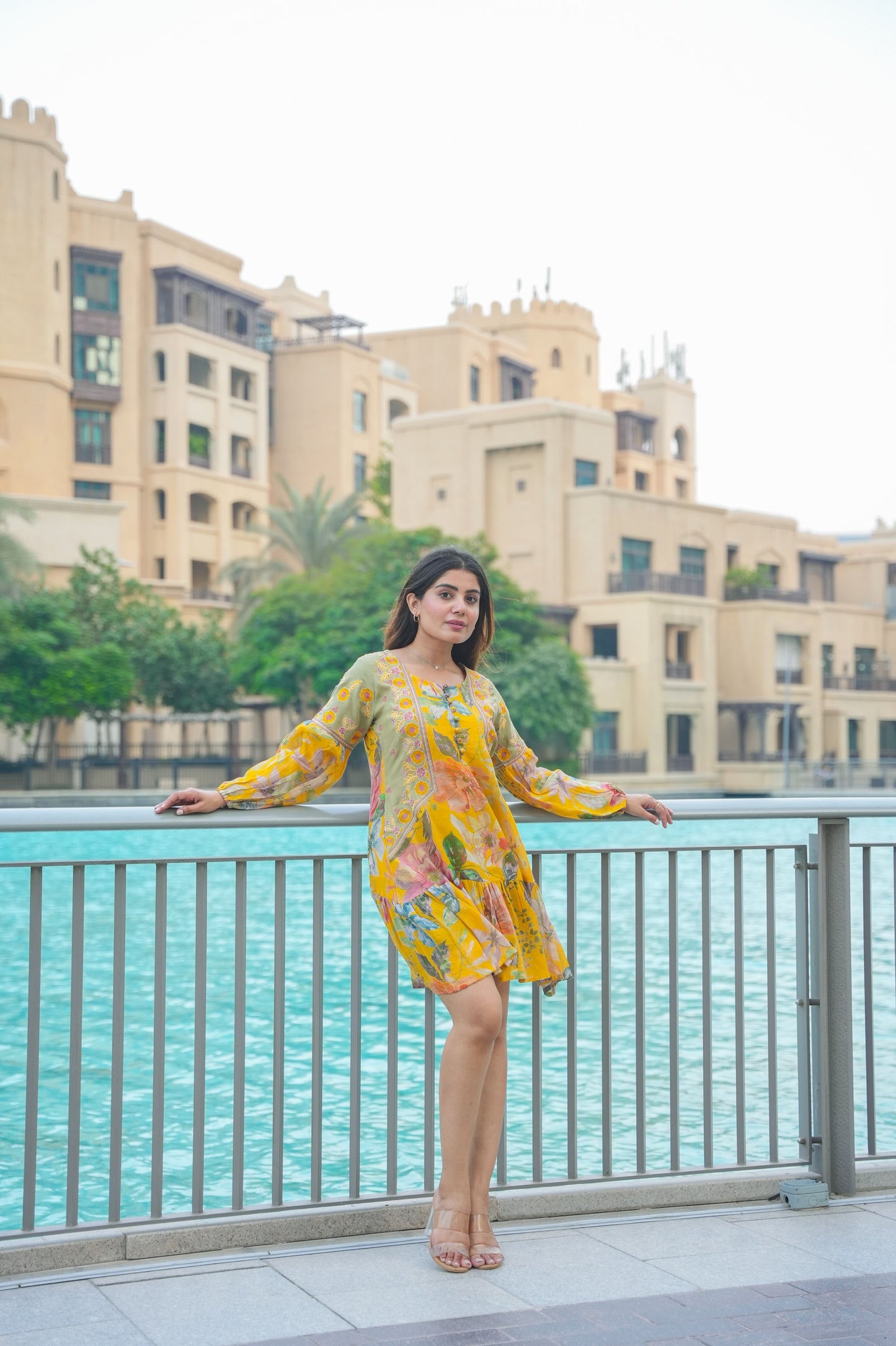 Beautiful Yellow Floral Embroidered Short Dress