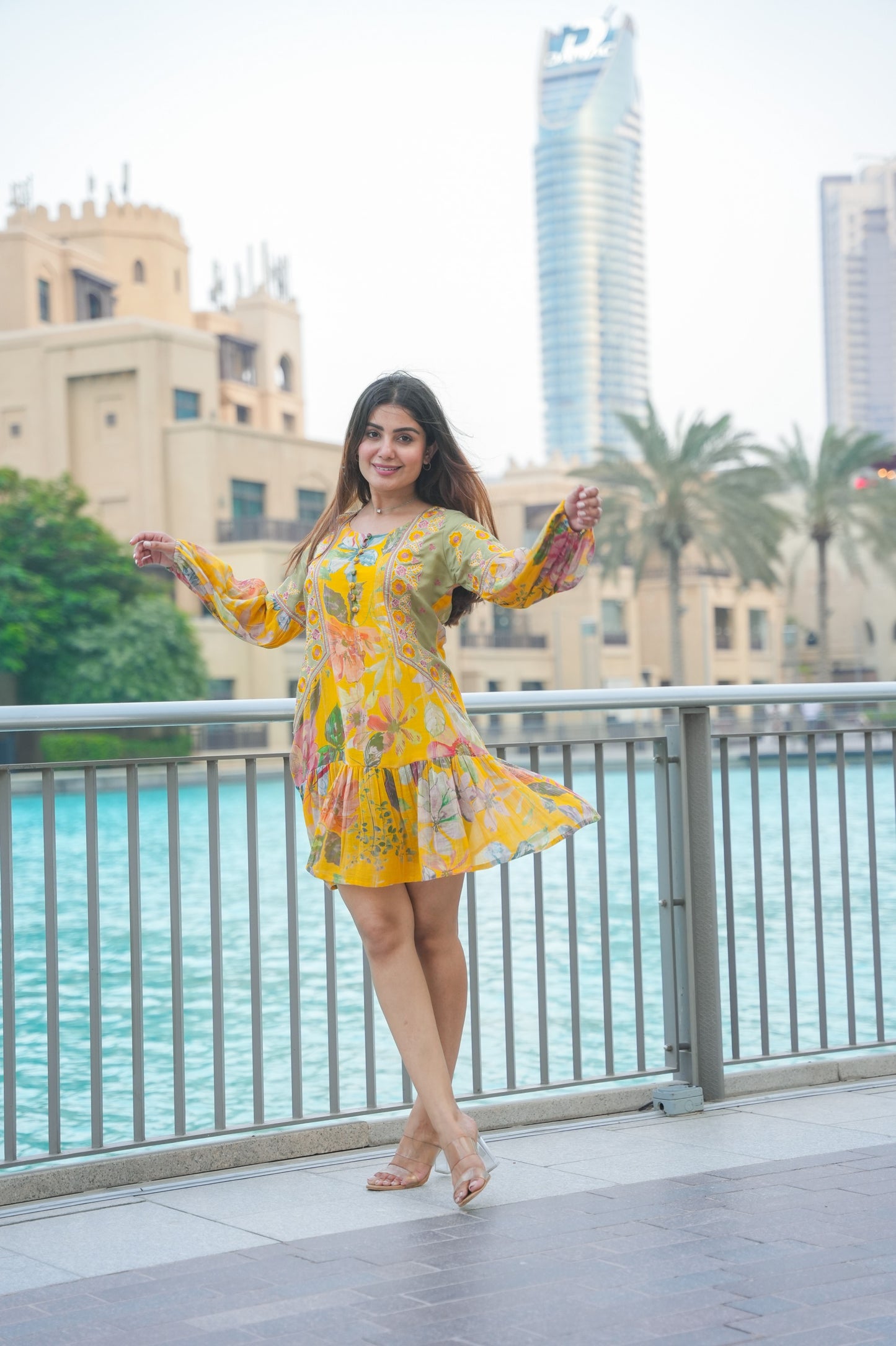 Beautiful Yellow Floral Embroidered Short Dress