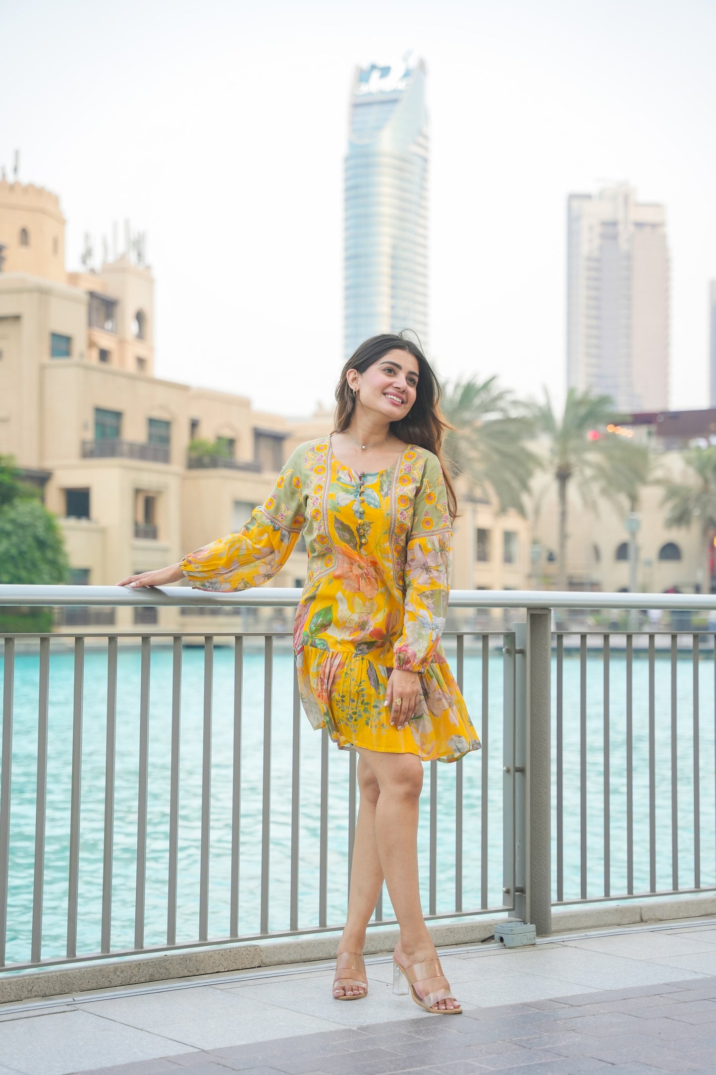 Beautiful Yellow Floral Embroidered Short Dress