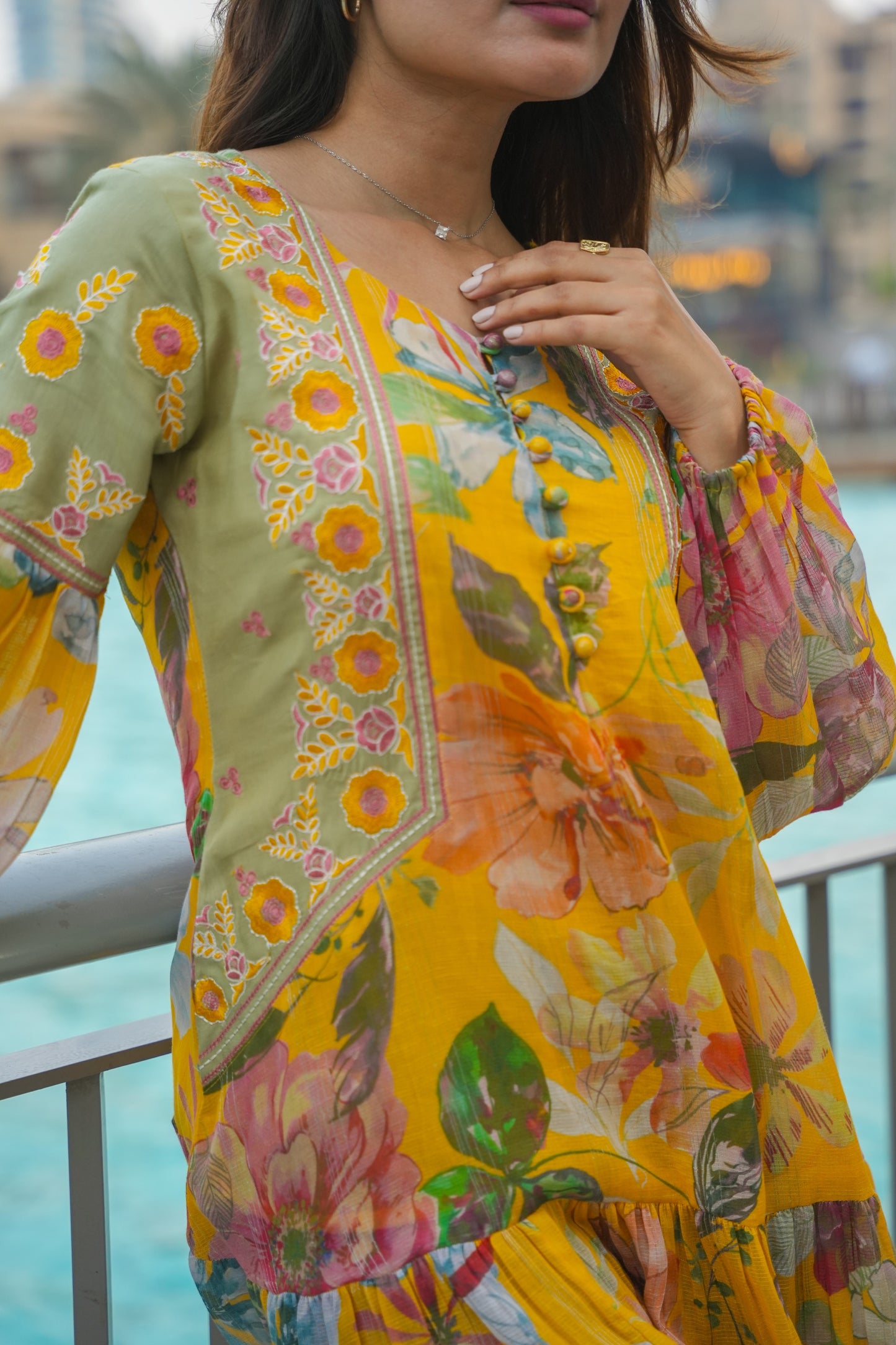 Beautiful Yellow Floral Embroidered Short Dress