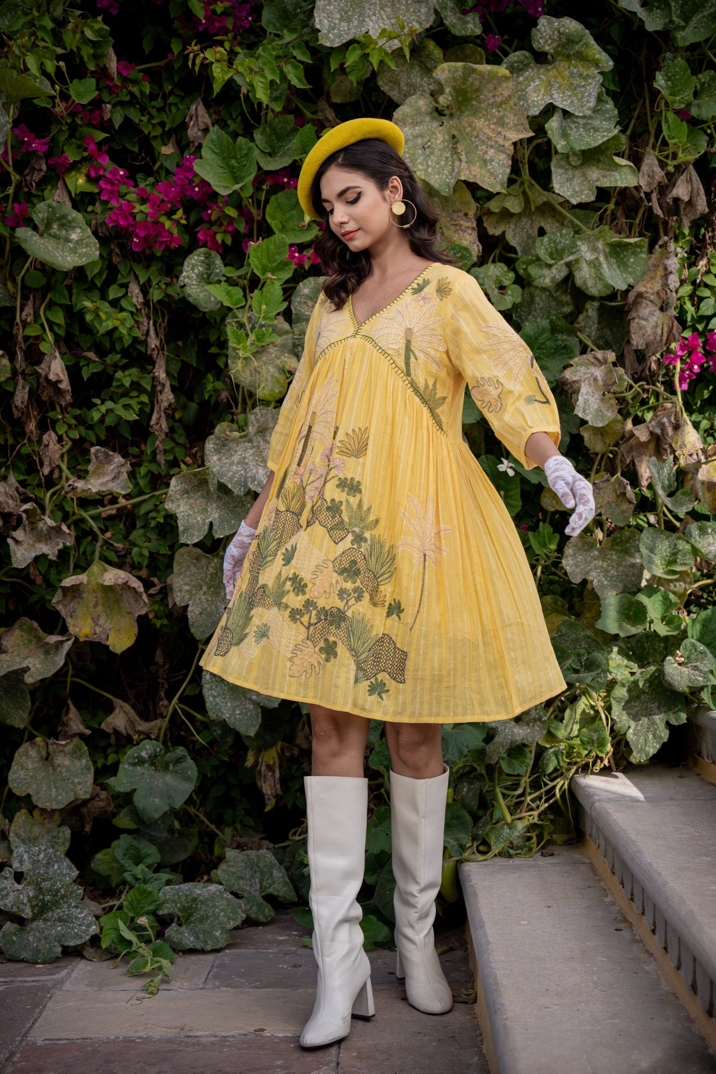 Embroidered Yellow Cotton Short Dress