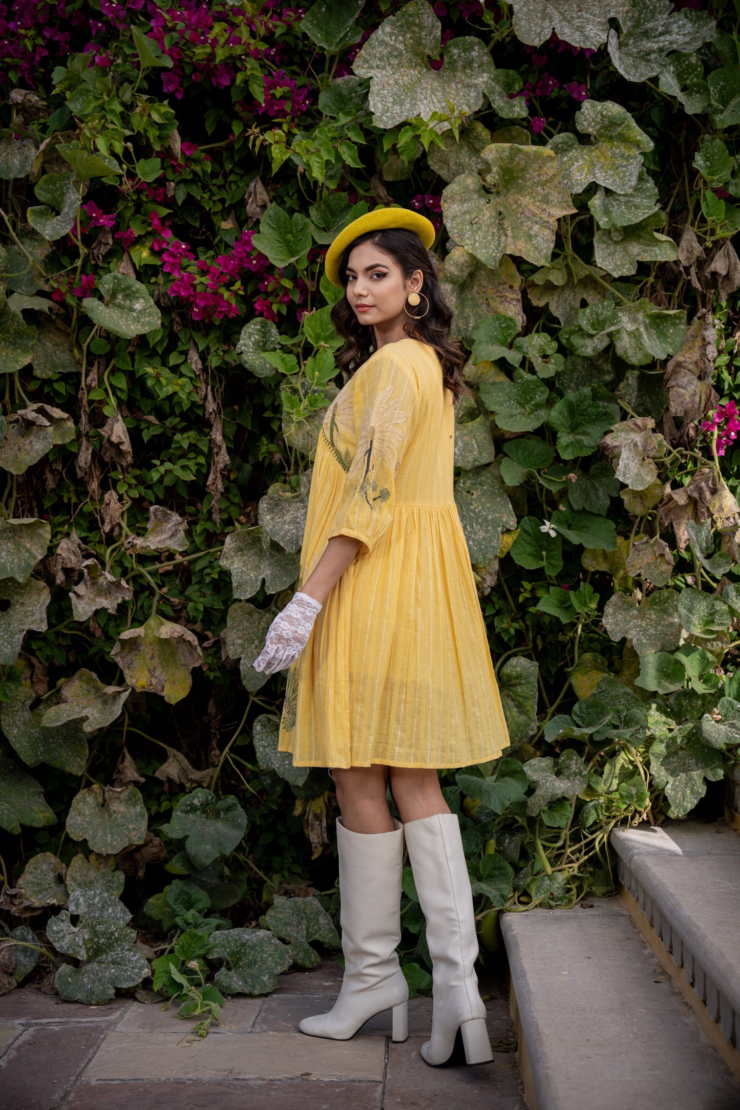 Embroidered Yellow Cotton Short Dress