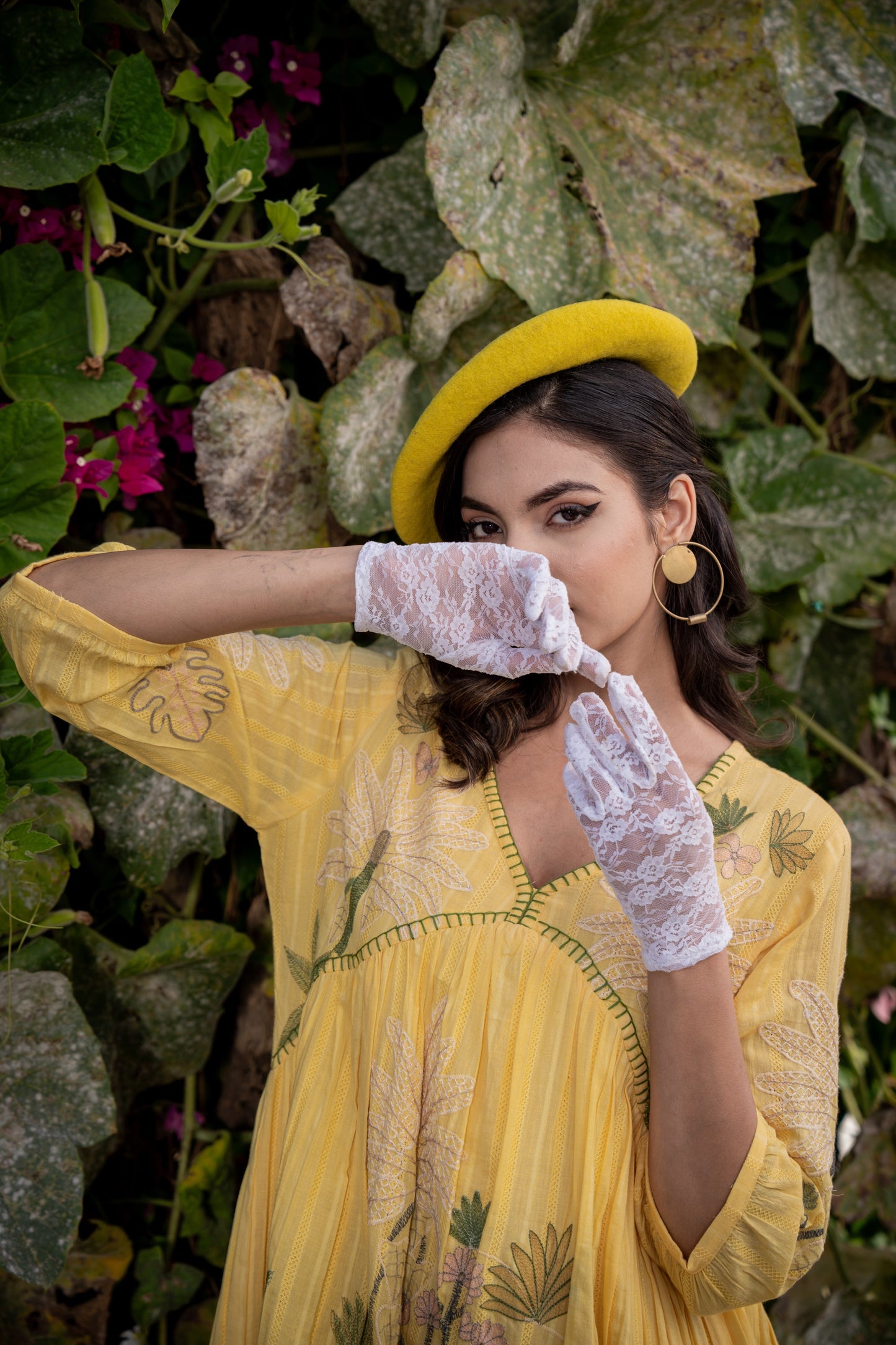 Embroidered Yellow Cotton Short Dress