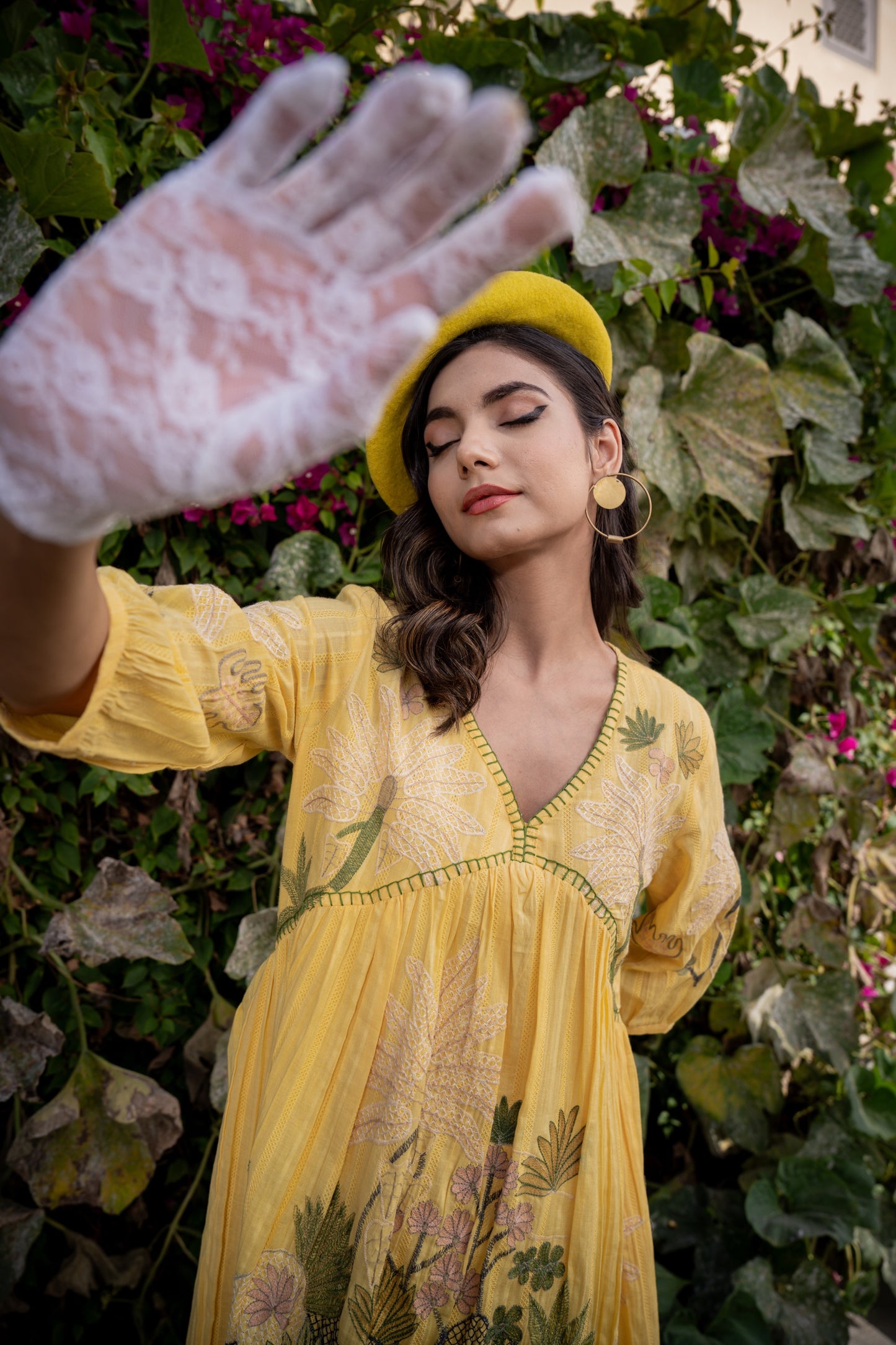 Embroidered Yellow Cotton Short Dress