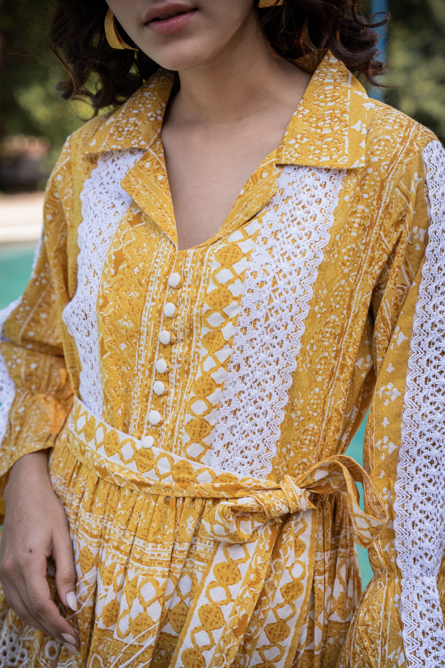 Collared Yellow Cotton Short Dress with Thread Embroidery and Lace Detail