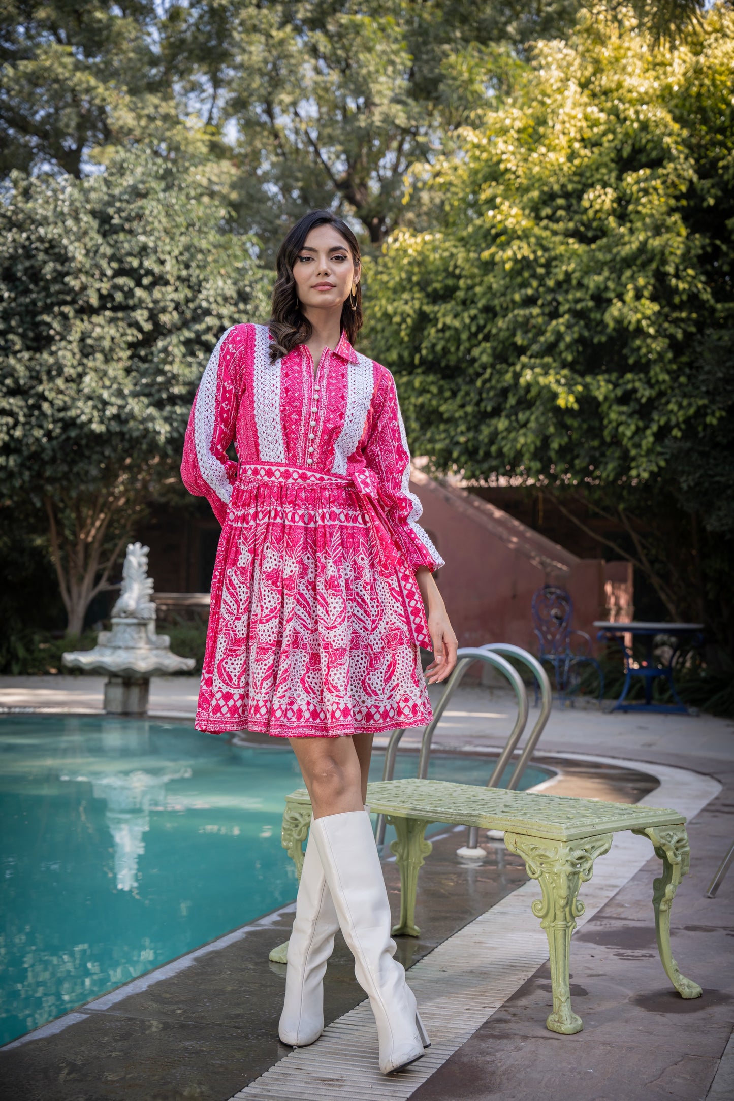 Pink Cotton Knee-Length Dress with Thread Embroidery