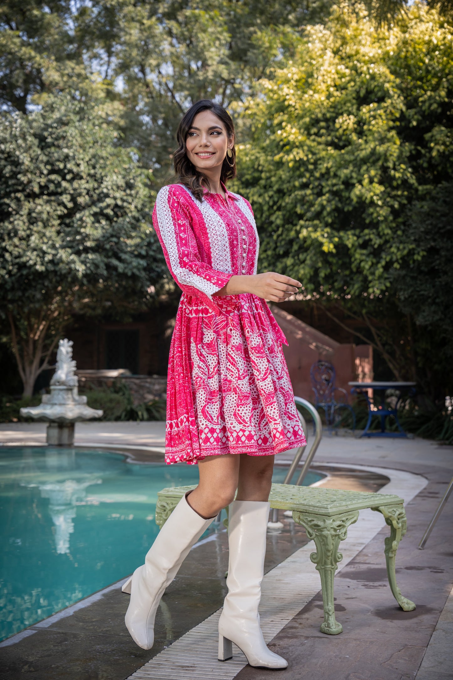 Pink Cotton Knee-Length Dress with Thread Embroidery