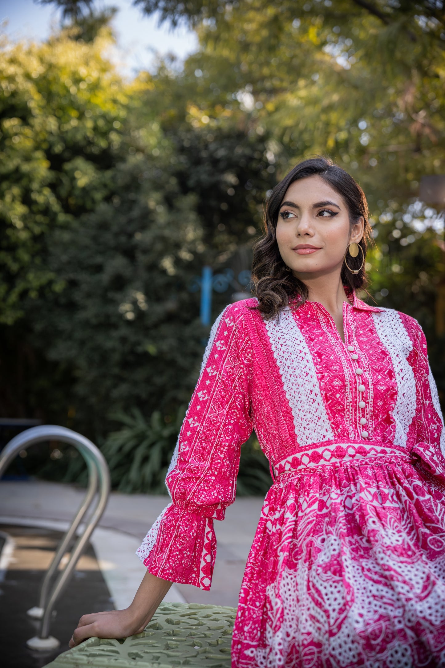 Pink Cotton Knee-Length Dress with Thread Embroidery