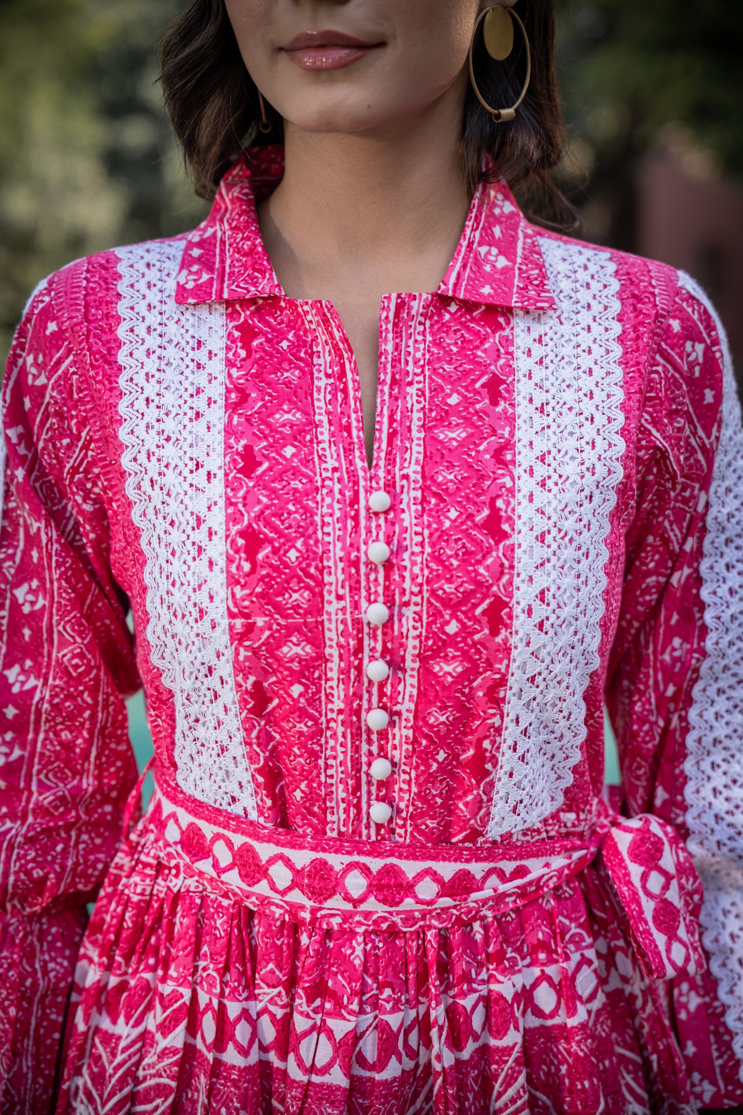 Pink Cotton Knee-Length Dress with Thread Embroidery