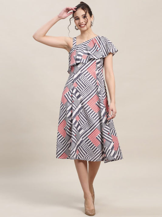 One Shoulder Ruffle Dress - Stripes